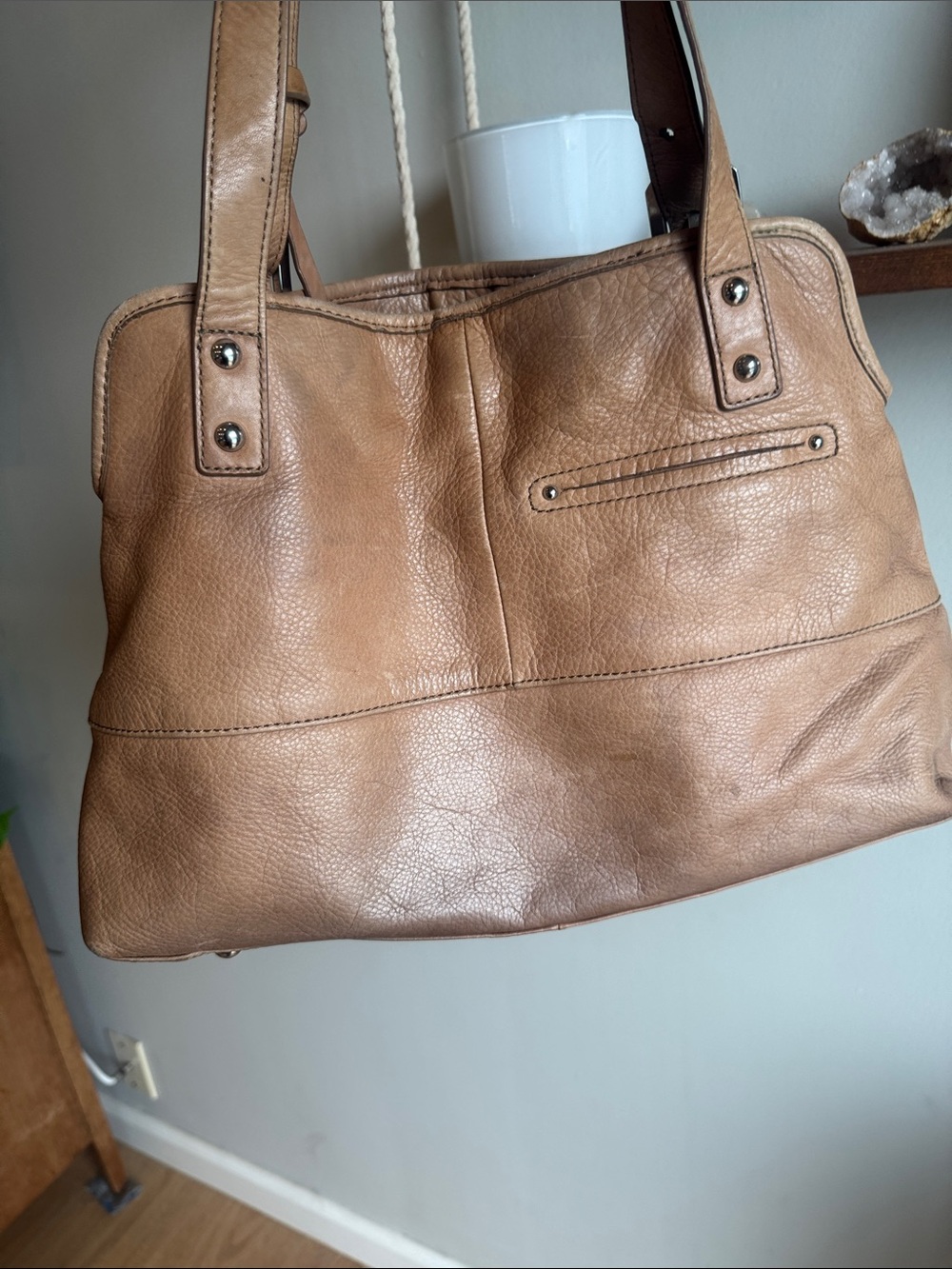 b. makowsky Tan Leather Shoulder Bag with Front Zip Pocket - Picture 2 of 8